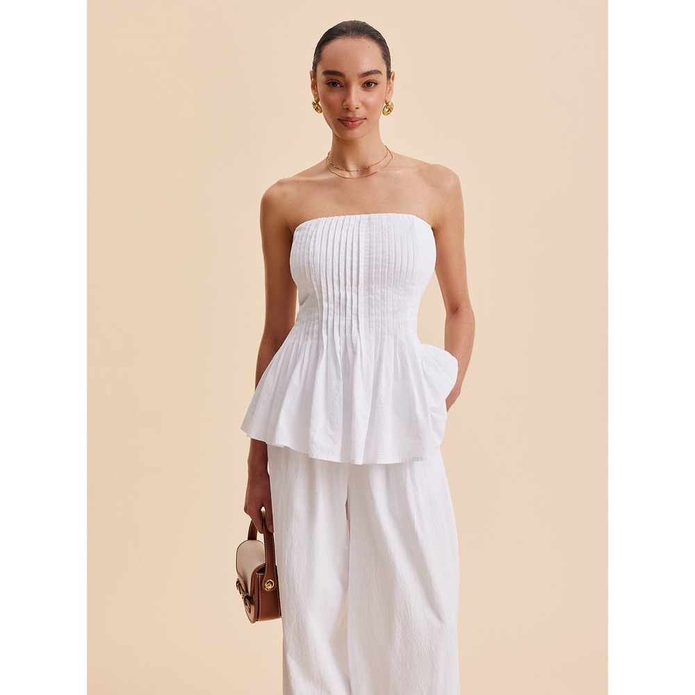 Commense White Strapless Peplum Top Pleated Bustier Corset Style XS